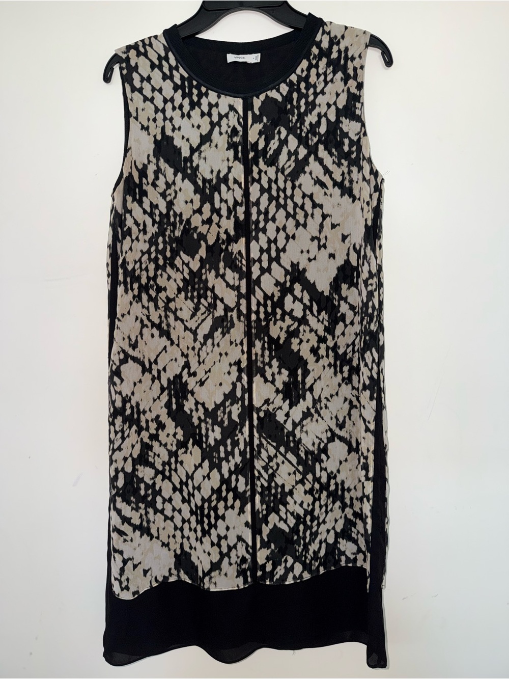 Vince Black and Cream Patterned Crewneck Dress